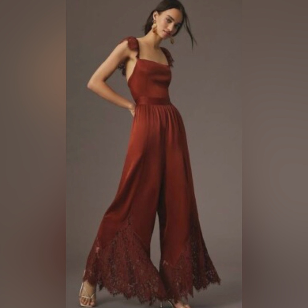 ANTHROPOLOGIE ❤️ Lace Mix Jumpsuit in Terracotta/Rust Red